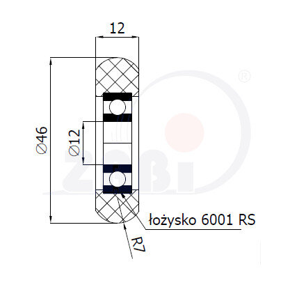 Rolki tworzywowe i metalowe, Rolki poliuretanowe, Poliuretanowe zaokrąglone z łożyskiem o symbolu RPC-46-12/12