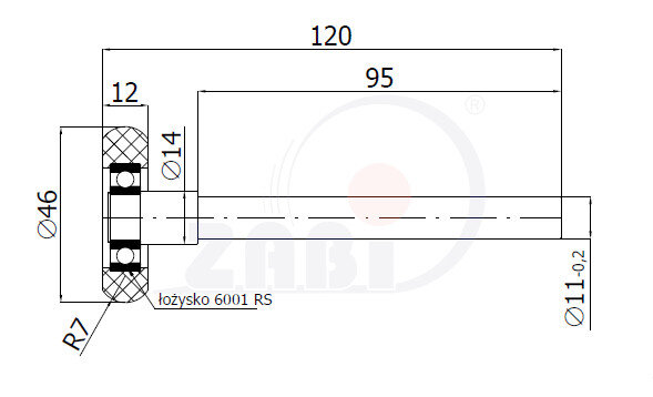 Rolki tworzywowe i metalowe, Rolki poliuretanowe, Poliuretanowe zaokrąglone z łożyskiem o symbolu RPC-46TS/120