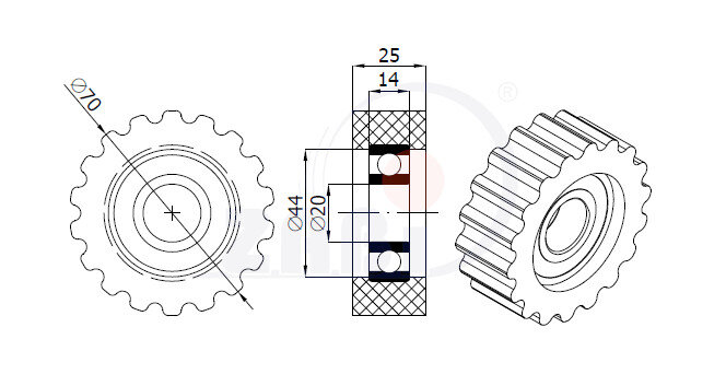 Rolki tworzywowe i metalowe, Rolki poliuretanowe, Rolki poliuretanowe do okleiniarki o symbolu RZP-70-25/20Ł