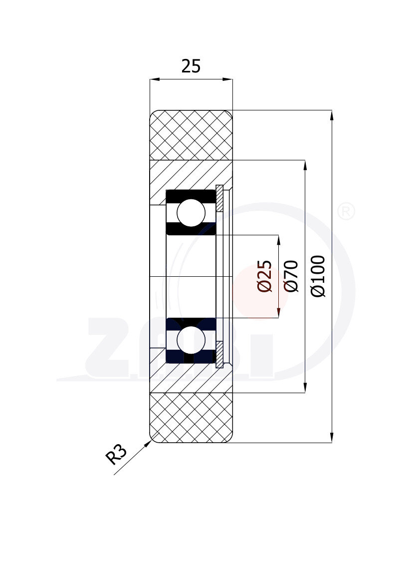 Rolki tworzywowe i metalowe, Rolki metalowo-poliuretanowe, Twardość 93 Sh'A o symbolu RMP-100-25/25
