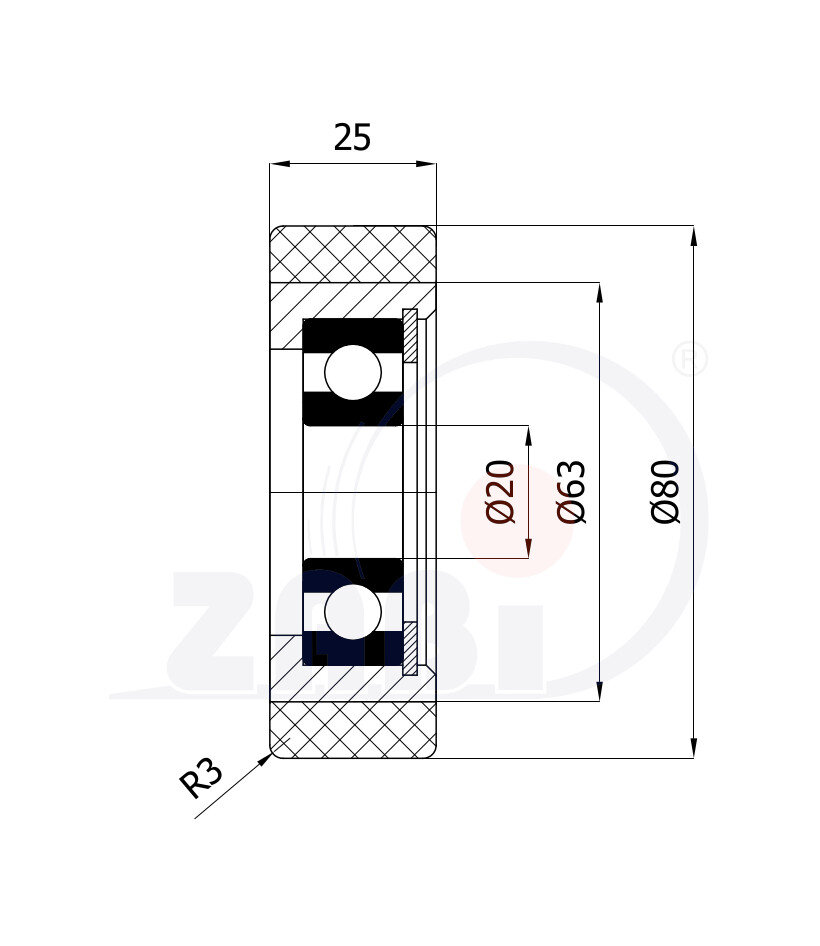 Rolki tworzywowe i metalowe, Rolki metalowo-poliuretanowe, Twardość 93 Sh'A o symbolu RMP-80-25/20
