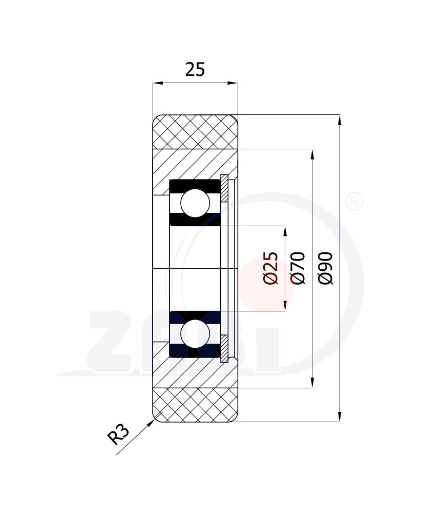 Rolki tworzywowe i metalowe, Rolki metalowo-poliuretanowe, Twardość 93 Sh'A o symbolu RMP-90-25/25