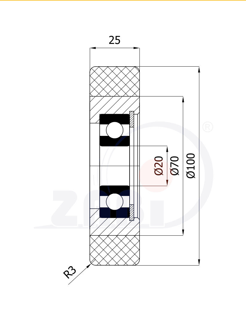 Rolki tworzywowe i metalowe, Rolki metalowo-poliuretanowe, Twardość 70Sh'A o symbolu RMP-100-25/20/70ShA