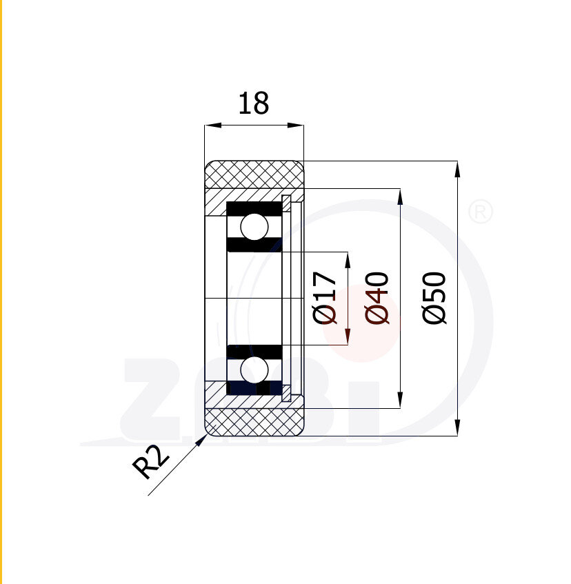 Rolki tworzywowe i metalowe, Rolki metalowo-poliuretanowe, Twardość 70Sh'A o symbolu RMP-50-18/17/70ShA