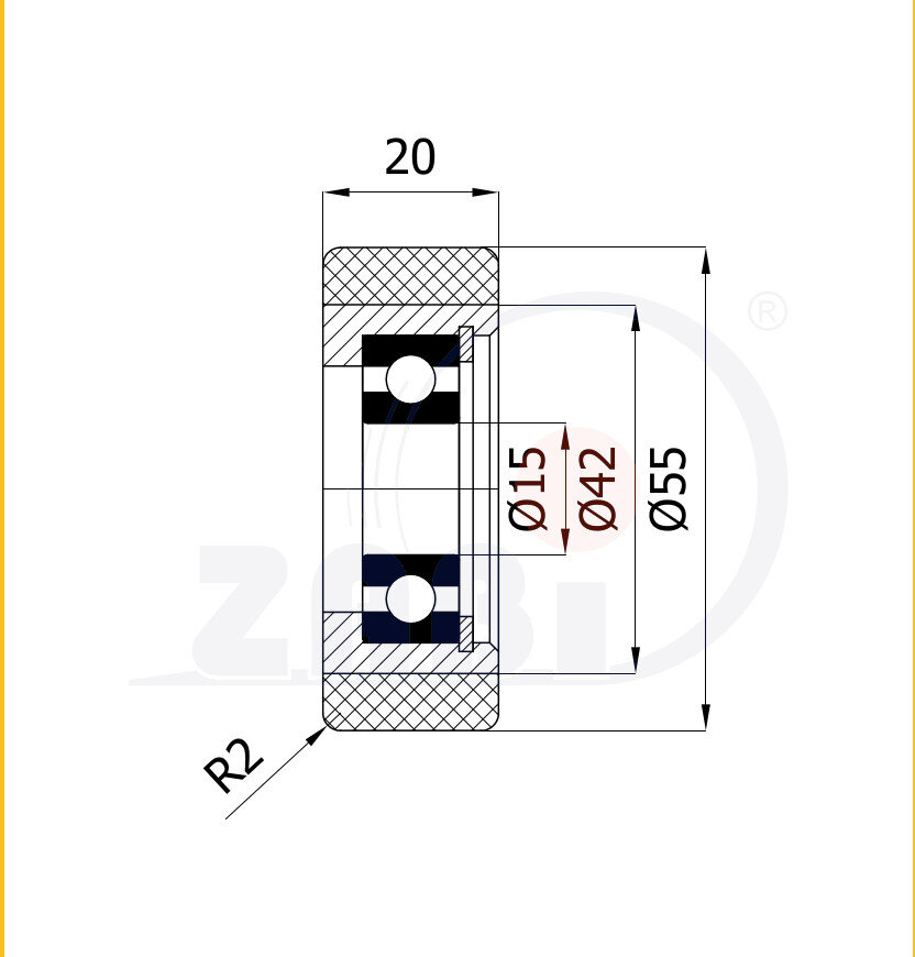 Rolki tworzywowe i metalowe, Rolki metalowo-poliuretanowe, Twardość 70Sh'A o symbolu RMP-55-20/15/70ShA