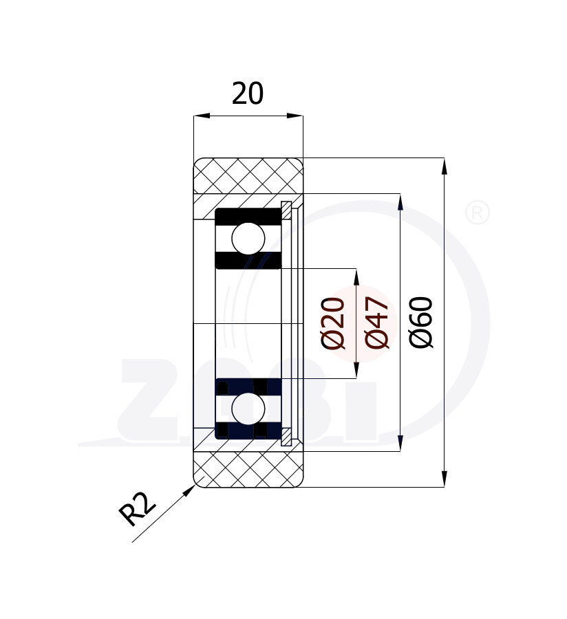 Rolki tworzywowe i metalowe, Rolki metalowo-poliuretanowe, Twardość 70Sh'A o symbolu RMP-60-20/20/70ShA