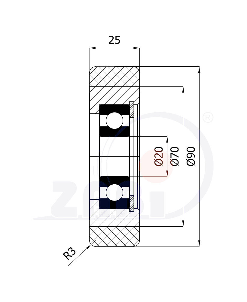 Rolki tworzywowe i metalowe, Rolki metalowo-poliuretanowe, Twardość 70Sh'A o symbolu RMP-90-25/20/70ShA