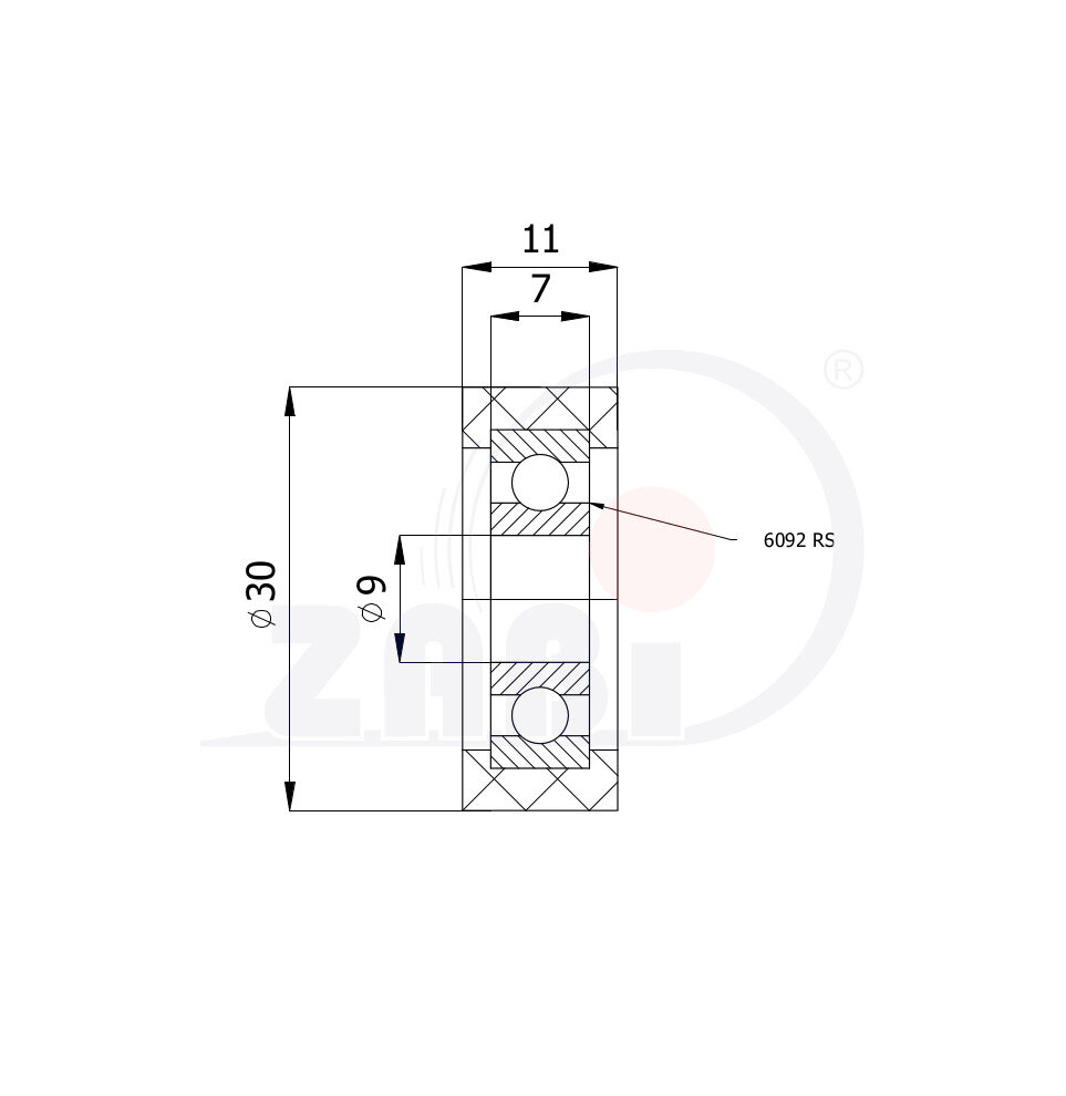 Rolki tworzywowe i metalowe, Rolki metalowo-poliuretanowe, Twardość 93 Sh'A o symbolu RMP-30-11/9