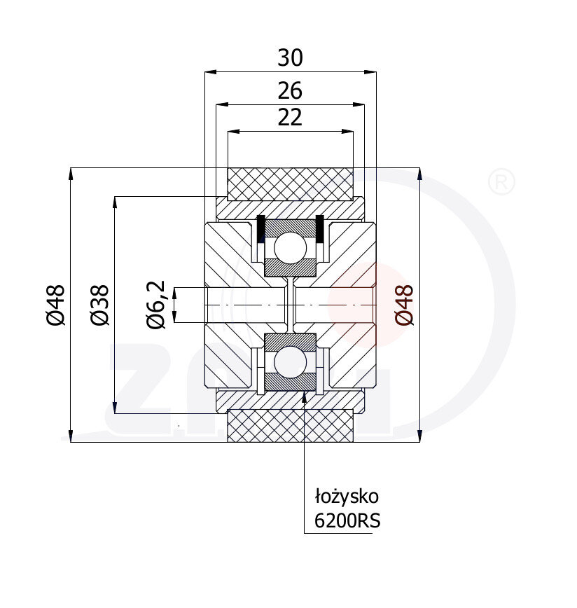 Rolki tworzywowe i metalowe, Rolki metalowo-poliuretanowe, Twardość 93 Sh'A o symbolu RMP-48-22-30/6