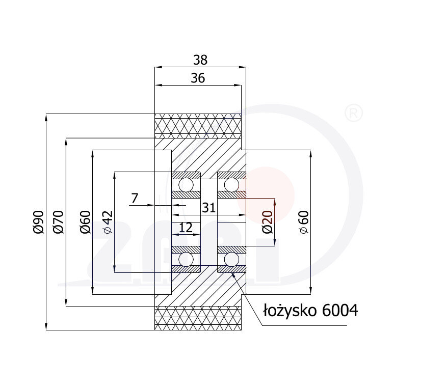 Ролики пластиковые и металлические, Металл- полиуретановые, с обозначением RMP-90-38/20