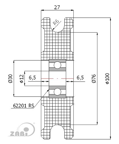 Rolki tworzywowe i metalowe, Rolki tworzywowe poliamidowe, Tworzywowe profilowane na linkę z łożyskiem o symbolu C100/12Ł