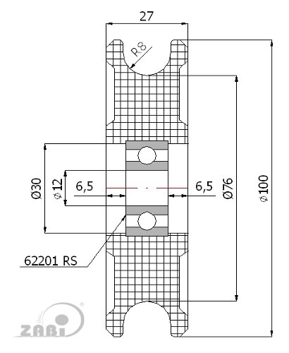 Rolki tworzywowe i metalowe, Rolki tworzywowe poliamidowe, Tworzywowe profilowane na linkę z łożyskiem o symbolu C100/16Ł