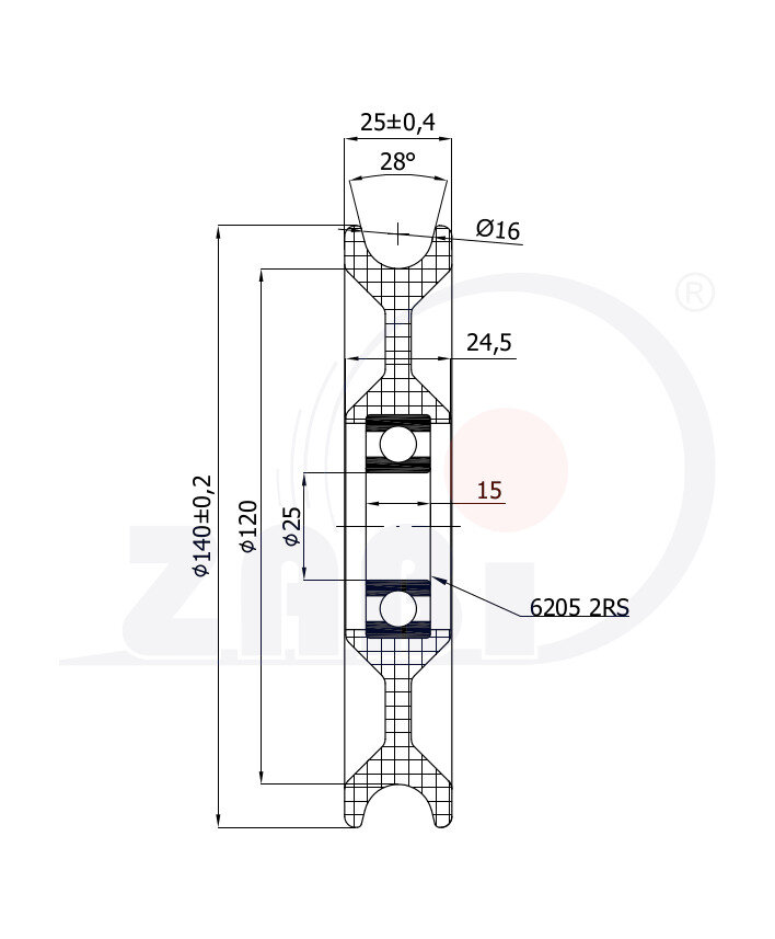 Rolki tworzywowe i metalowe, Rolki tworzywowe poliamidowe, Tworzywowe profilowane na linkę z łożyskiem o symbolu C140/12Ł/25