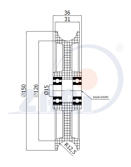 Rolki tworzywowe i metalowe, Rolki tworzywowe poliamidowe, Tworzywowe profilowane na linkę z łożyskiem o symbolu C150/25Ł/15