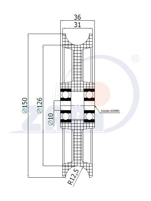 Rolki tworzywowe i metalowe, Rolki tworzywowe poliamidowe, Tworzywowe profilowane na linkę z łożyskiem o symbolu C150/25Ł