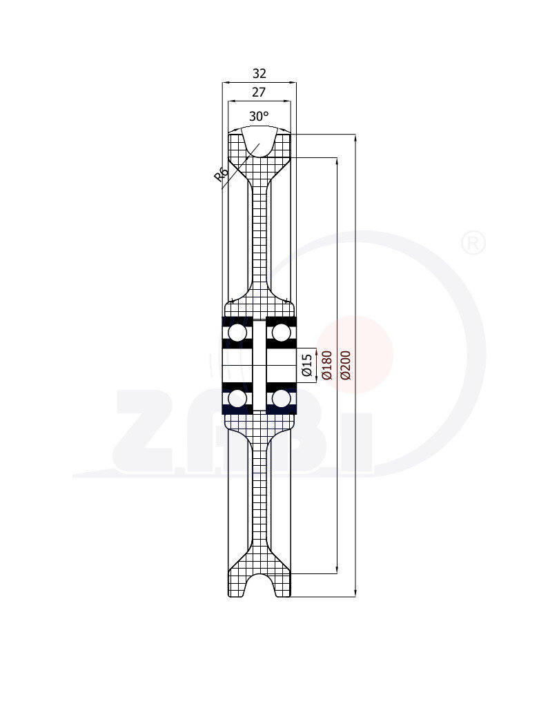 Rolki tworzywowe i metalowe, Rolki tworzywowe poliamidowe, Tworzywowe profilowane na linkę z łożyskiem o symbolu C200/12Ł/15