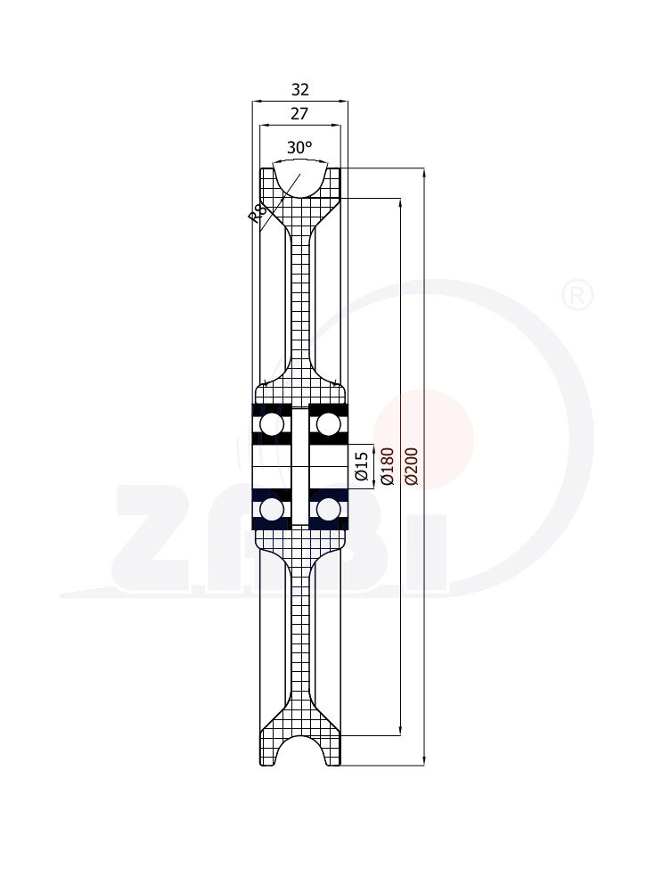 Rolki tworzywowe i metalowe, Rolki tworzywowe poliamidowe, Tworzywowe profilowane na linkę z łożyskiem o symbolu C200/16Ł/15