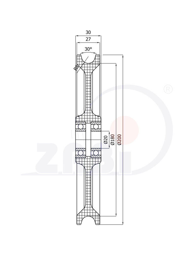 Rolki tworzywowe i metalowe, Rolki tworzywowe poliamidowe, Tworzywowe profilowane na linkę z łożyskiem o symbolu C200/16Ł/20