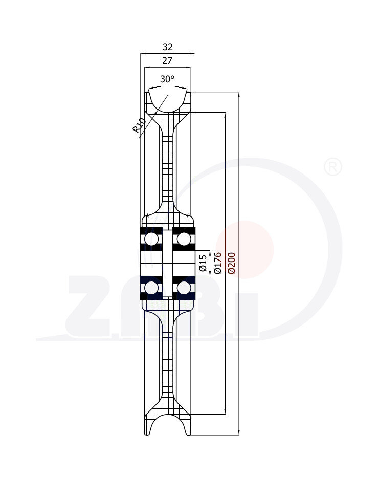 Rolki tworzywowe i metalowe, Rolki tworzywowe poliamidowe, Tworzywowe profilowane na linkę z łożyskiem o symbolu C200/20Ł/15