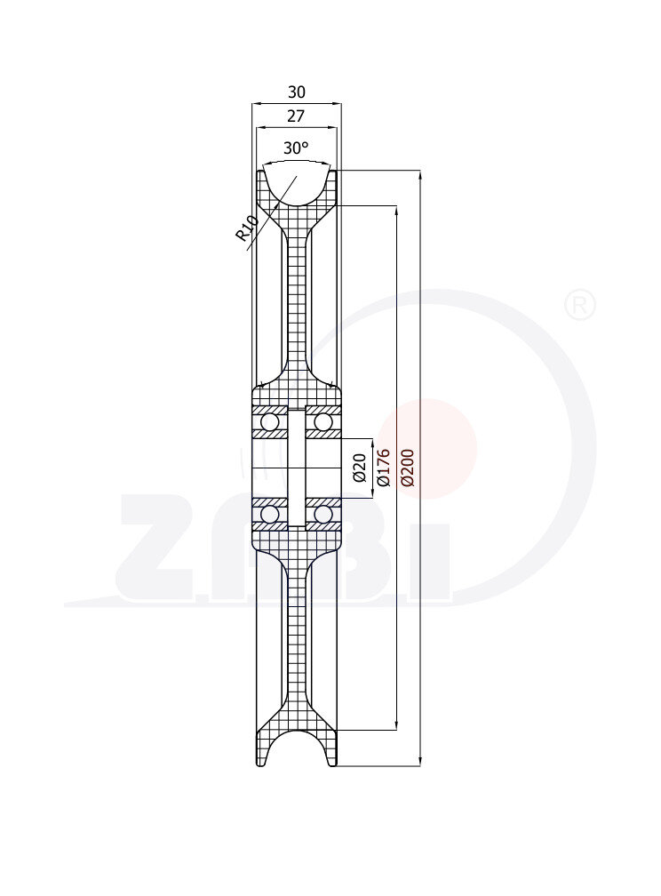 Rolki tworzywowe i metalowe, Rolki tworzywowe poliamidowe, Tworzywowe profilowane na linkę z łożyskiem o symbolu C200/20Ł/20