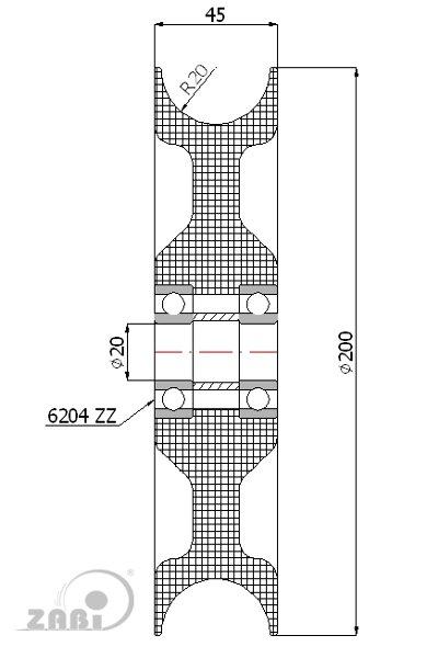 Rolki tworzywowe i metalowe, Rolki tworzywowe poliamidowe, Tworzywowe profilowane na linkę z łożyskiem o symbolu C200/40Ł