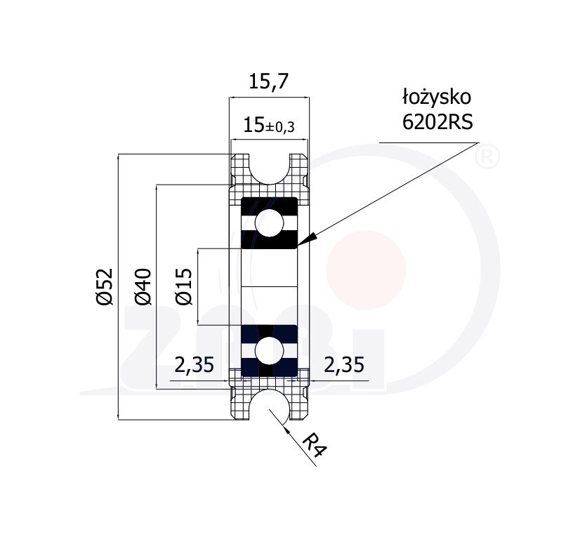Ролики пластиковые и металлические, Ролики нейлоновые (полиамидные), Пластиковые профилированные под шпагат с подшипником с обозначением C52/8Ł/15
