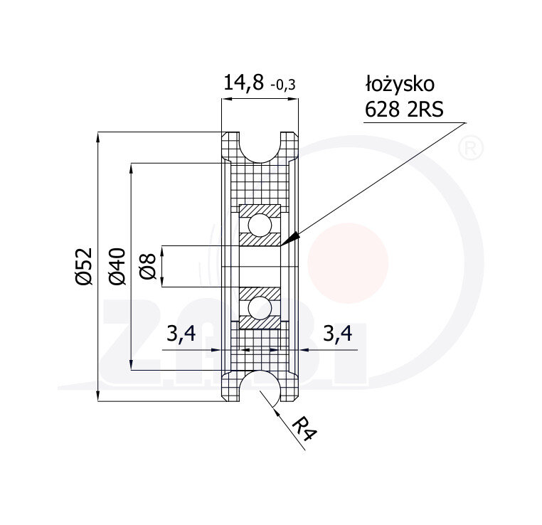 Ролики пластиковые и металлические, Ролики нейлоновые (полиамидные), Пластиковые профилированные под шпагат с подшипником с обозначением C52/8Ł/8