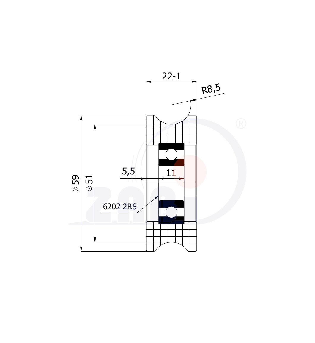 Ролики пластиковые и металлические, Ролики нейлоновые (полиамидные), Пластиковые профилированные под шпагат с подшипником с обозначением C59/16Ł