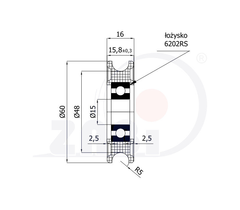 Ролики пластиковые и металлические, Ролики нейлоновые (полиамидные), Пластиковые профилированные под шпагат с подшипником с обозначением C60/10Ł/15