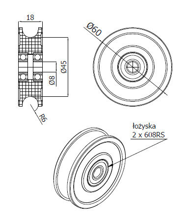 Ролики пластиковые и металлические, Ролики нейлоновые (полиамидные), Пластиковые профилированные под шпагат с подшипником с обозначением C60/18/12Ł/8