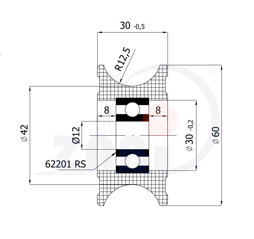 Ролики пластиковые и металлические, Ролики нейлоновые (полиамидные), Пластиковые профилированные под шпагат с подшипником с обозначением C60/25Ł
