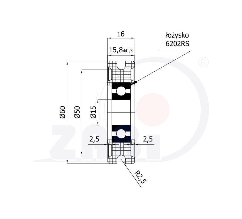 Ролики пластиковые и металлические, Ролики нейлоновые (полиамидные), Пластиковые профилированные под шпагат с подшипником с обозначением C60/5Ł/15