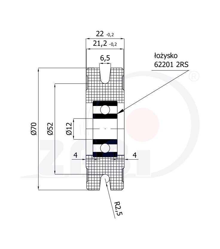 Rolki tworzywowe i metalowe, Rolki tworzywowe poliamidowe, Tworzywowe profilowane na linkę z łożyskiem o symbolu C70/5Ł