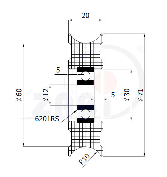 Rolki tworzywowe i metalowe, Rolki tworzywowe poliamidowe, Tworzywowe profilowane na linkę z łożyskiem o symbolu C71/20Ł
