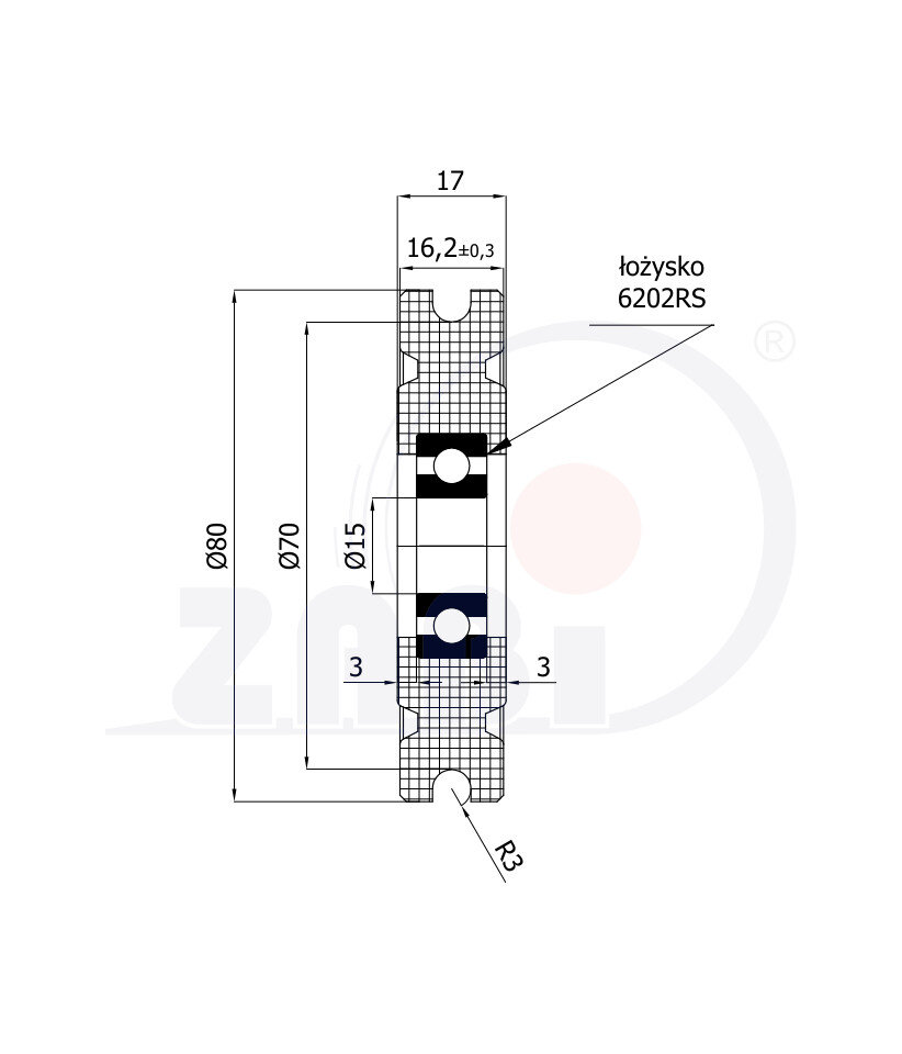 Rolki tworzywowe i metalowe, Rolki tworzywowe poliamidowe, Tworzywowe profilowane na linkę z łożyskiem o symbolu C80/6Ł/15