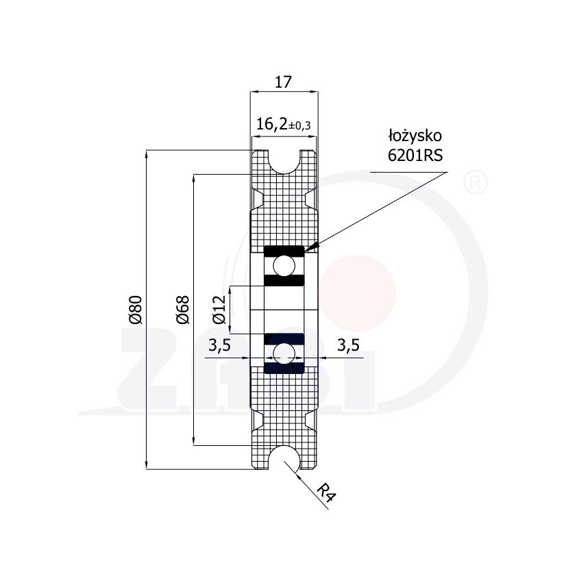 Plastic and metal rollers, Plastic polyamide rollers, Plastic profiled rollers with a bearing and rope with symbol C80/8Ł/12