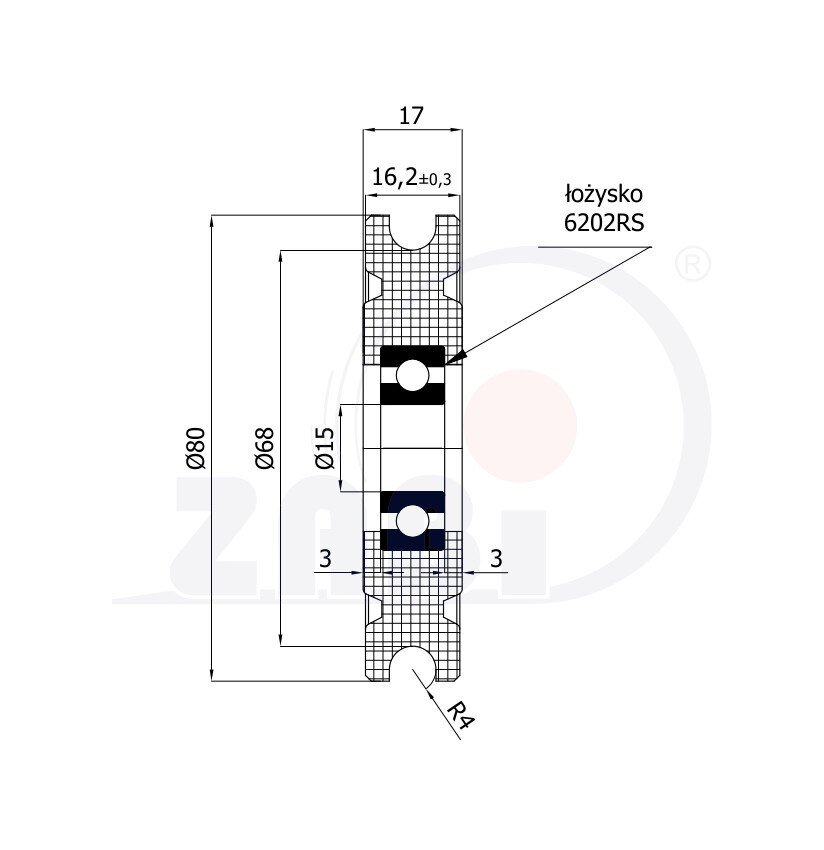 Kunststoff- und Metallrollen, Kunststoff-Polyamid-Rollen, Profil-Kunststoff-Rollen für Seil mit Kugellager mit dem Symbol C80/8L/15