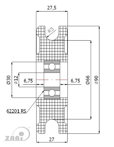 Rolki tworzywowe i metalowe, Rolki tworzywowe poliamidowe, Tworzywowe profilowane na linkę z łożyskiem o symbolu C90/10Ł