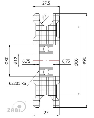 Rolki tworzywowe i metalowe, Rolki tworzywowe poliamidowe, Tworzywowe profilowane na linkę z łożyskiem o symbolu C90/14Ł