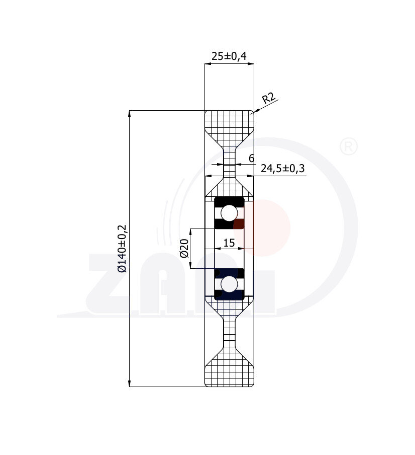 Rolki tworzywowe i metalowe, Rolki tworzywowe poliamidowe, Tworzywowe proste z łożyskiem o symbolu R-140-25/20