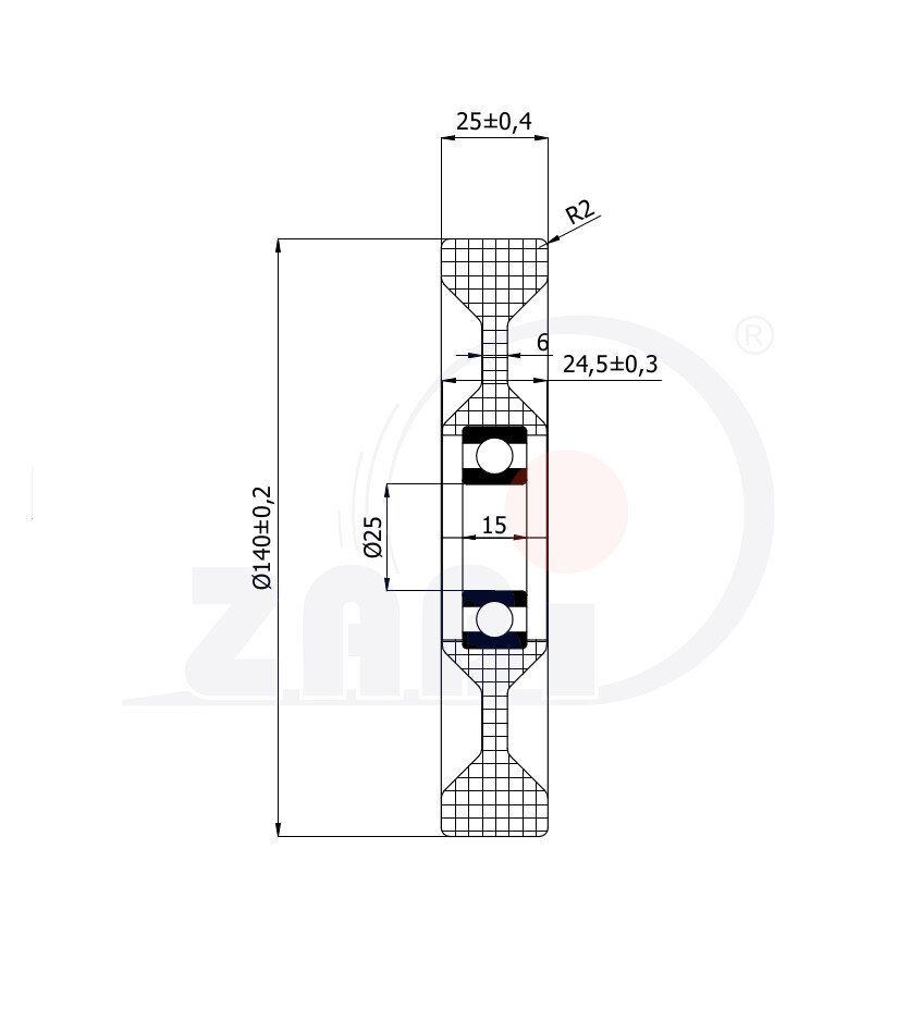 Rolki tworzywowe i metalowe, Rolki tworzywowe poliamidowe, Tworzywowe proste z łożyskiem o symbolu R-140-25/25