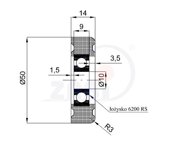 Ролики пластиковые и металлические, Ролики нейлоновые (полиамидные), Пластиковые простые с подшипником с обозначением R-50-14/10