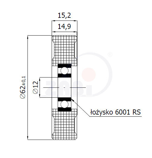 Rolki tworzywowe i metalowe, Rolki tworzywowe poliamidowe, Tworzywowe proste z łożyskiem o symbolu R-62-15/12