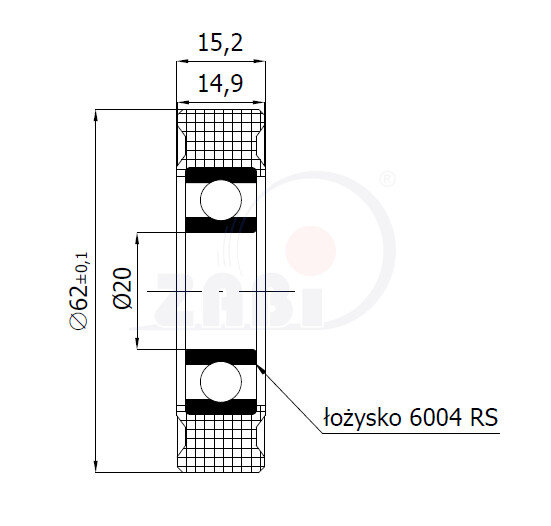 Rolki tworzywowe i metalowe, Rolki tworzywowe poliamidowe, Tworzywowe proste z łożyskiem o symbolu R-62-15/20