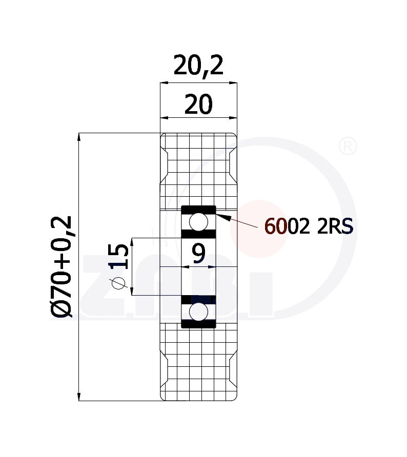 Rolki tworzywowe i metalowe, Rolki tworzywowe poliamidowe, Tworzywowe proste z łożyskiem o symbolu R-70-20/15