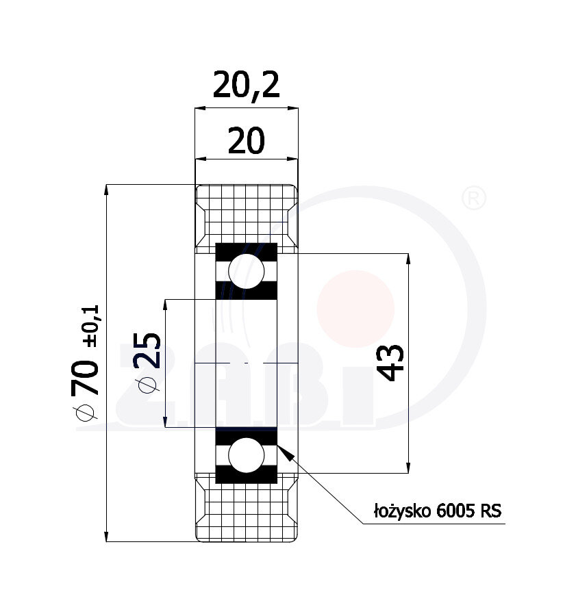 Rolki tworzywowe i metalowe, Rolki tworzywowe poliamidowe, Tworzywowe proste z łożyskiem o symbolu R-70-20/25