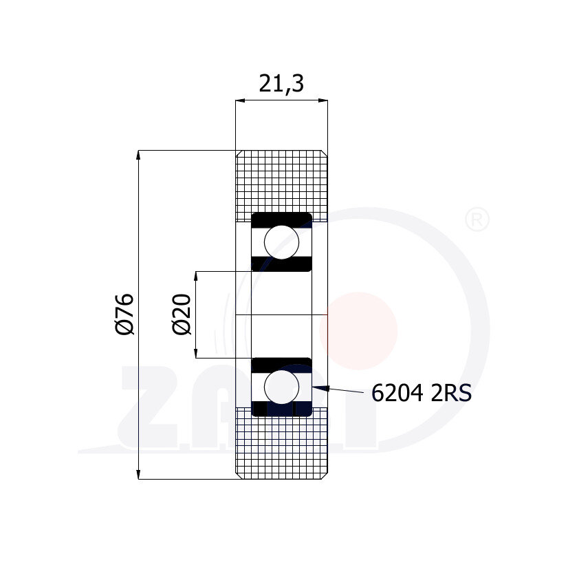 Rolki tworzywowe i metalowe, Rolki tworzywowe poliamidowe, Tworzywowe proste z łożyskiem o symbolu R-76-21/20