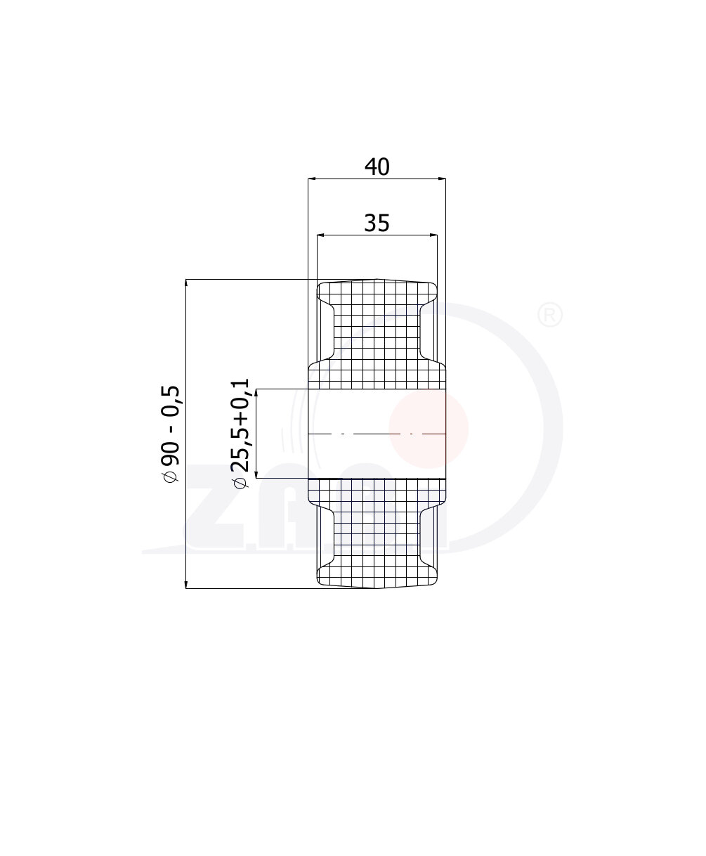 Rolki tworzywowe i metalowe, Rolki tworzywowe poliamidowe, Tworzywowe proste bez łożysk o symbolu RB-90-40-35/25POM