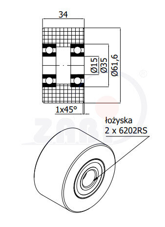 Rolki tworzywowe i metalowe, Rolki tworzywowe poliamidowe, Tworzywowe podwójnie łożyskowane o symbolu R-62-34/15