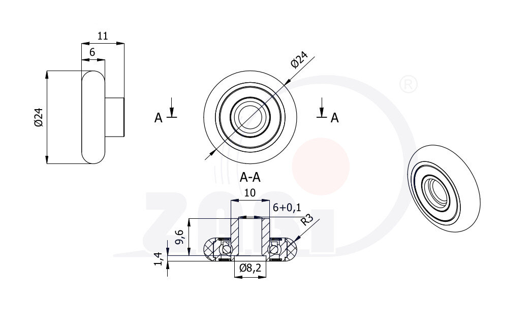 Ролики пластиковые и металлические, Ролики нейлоновые (полиамидные), Пластиковые закруглённые с подшипником с обозначением RC-24-6/11V